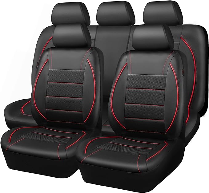 Universal FIT Piping Leather Car Seat Cover, for suvs,Van,Trucks,Airbag Compatible,Inside Zipper Design and Reserved Opening Holes (Full Set, Black and Red)