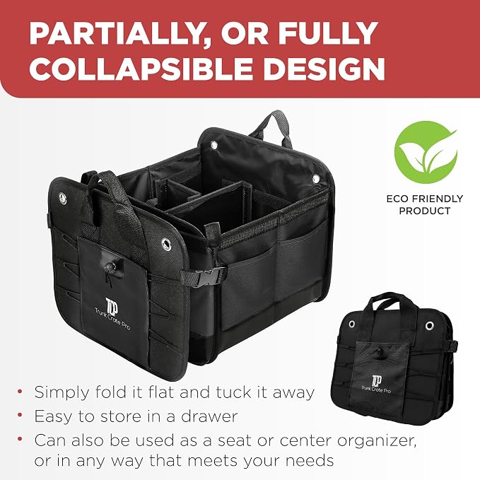 Trunk Organizer For Car, Suv, Truck | Premium Adjustable Multi Compartments Collapsible Car Trunk Organizer With Securing Straps & Non-Slip Bottom (Large Size, Black)