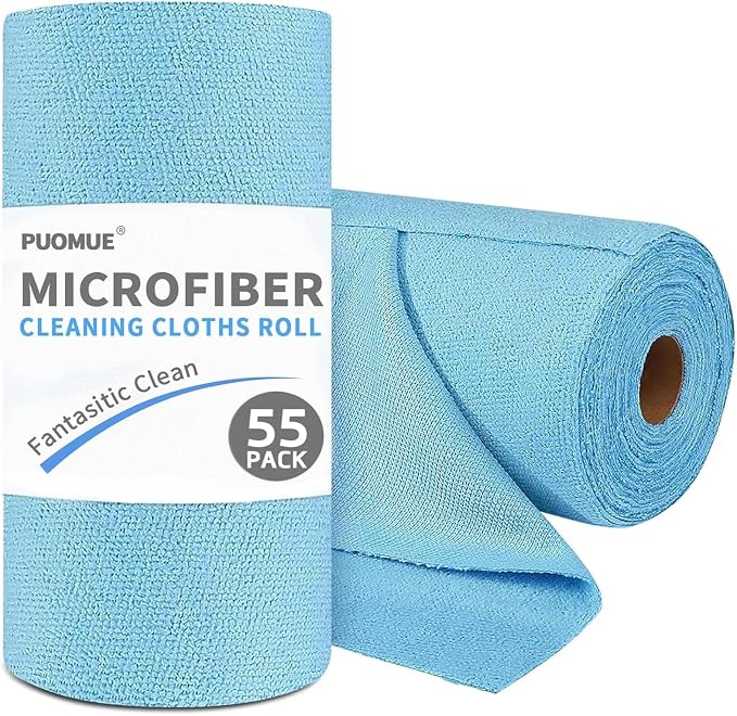 55 Pack Microfiber Cleaning Cloth Roll, Tear Away Reusable Paper Towels, 11" X 9", Ultra Absorbent & Lint Free Microfiber Cloth for Cleaning Cars, Kitchen, Window, Home and Shop, Blue
