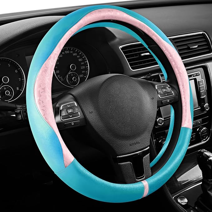 Steering Wheel Cover, Pink Patterned & Blue Leather Patchwork Design, Universal Fit 14.5"–15.5", Anti-Slip, Odor-Free, Soft PU Grain Leather, Durable Grip Car Accessory for Girls & Women