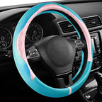 Steering Wheel Cover, Pink Patterned & Blue Leather Patchwork Design, Universal Fit 14.5"–15.5", Anti-Slip, Odor-Free, Soft PU Grain Leather, Durable Grip Car Accessory for Girls & Women
