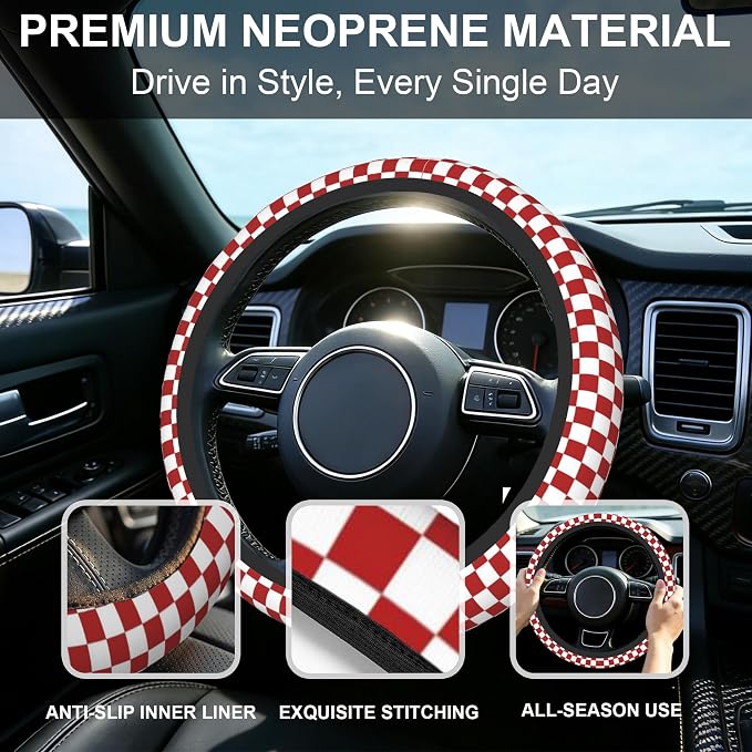 Checkered Steering Wheel Cover,Red White Checkered Universal 15" Elastic Car Steering Wheel Cover with 2 PCS Car Coasters,Anti-Slip Breathable Accessories for Auto,SUVs,Truck