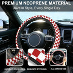 Checkered Steering Wheel Cover,Red White Checkered Universal 15" Elastic Car Steering Wheel Cover with 2 PCS Car Coasters,Anti-Slip Breathable Accessories for Auto,SUVs,Truck