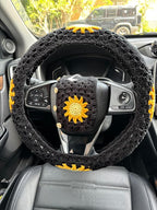 Handmade Crochet Sun Moon Car Steering Wheel Covers Universal 14-15 inch,Cute Steering Wheel Cover,Car Accessories (Black Wheel Cover+2 Belt Cover)