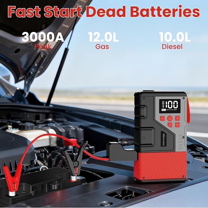 Portable Car Jump Starter with Air Compressor for Emergencies, | 3000A Peak and 150 PSI Max,for 12L Gas & 10L Diesel Engines,LCD Display,LED Light