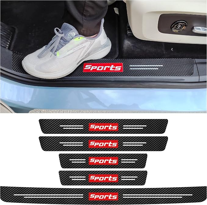 5PCS Car Door Sill Protector,Carbon Fiber Sport Threshold/Rear Bumper Guard Anti-Scratch Sticker Door Edge Protection Decorate,Interior Accessories Self-Adhesive Anti-Scratch Waterpoor(Red sport-5Pcs