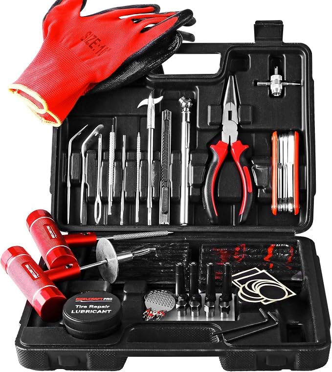 108-Piece Heavy Duty Tire Repair Kit – Professional Flat Tire Plug Set with T-Handle Tools, 4-Way Valve Tool, Pliers, Storage Case
