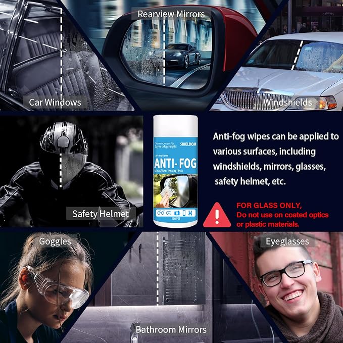 Glass Anti-Fog Wipes Pre-moistened Defogger to Prevent Fogging on Bathroom Mirror, Shower Door, Car Windshield, Window, Helmets, Goggles Quick NO Fog Tissue Resealable Bottle -40 Wipes