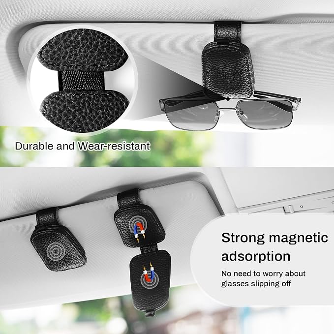 2PCS Sunglasses Holder for Car, Leather Magnetic Buckle Sun Visor Sunglass Clip, Ticket Card Storage Glasses Clip, Car Interior Accessories for Men and Women（Black）