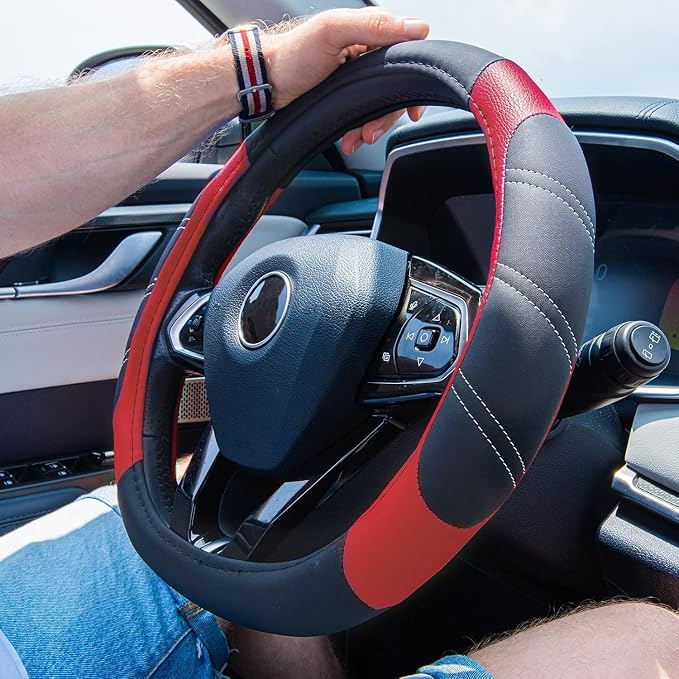Line Rider Microfiber Leather Sporty Steering Wheel Cover Universal Fits for 95% Truck,SUV,Cars,14.5-15inch Anti-Slip Safety Comfortable Desgin (Black-Red)