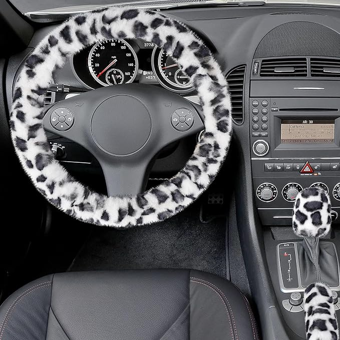 Fuzzy Car Steering Wheel Cover, Universal Fit Fur Auto Wheel Cover & Handbrake Cover & Gear Shift Cover Set, Leopard Winter Warm Fluffy Vehicle Wheel Protector Car Accessories for Men Women