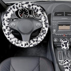 Fuzzy Car Steering Wheel Cover, Universal Fit Fur Auto Wheel Cover & Handbrake Cover & Gear Shift Cover Set, Leopard Winter Warm Fluffy Vehicle Wheel Protector Car Accessories for Men Women