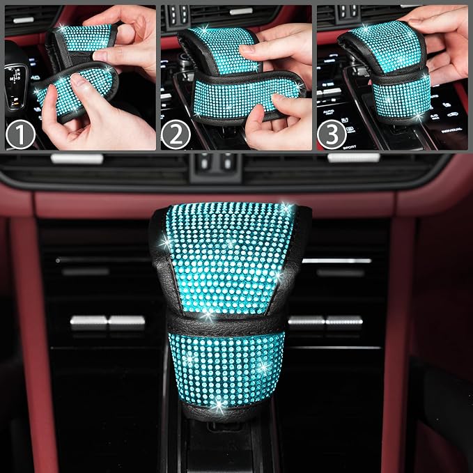 12 Pcs Bling Car Accessories Set for Women Car Floor Mats Full Set Steering Wheel Cover Seat Belt Covers Coasters Universal Fit Car SUV Truck Van Aquamarine