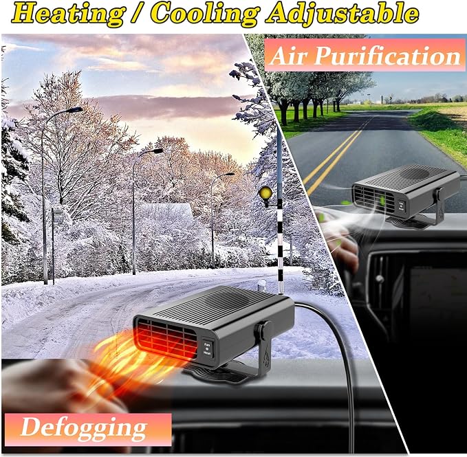 Car Heater, Car Heater That Plugs into Cigarette Lighter, 200W Portable Car Heaters and Car Defroster Windshield Defogger, 12V Heater for Car with 360 Degree Rotary Base