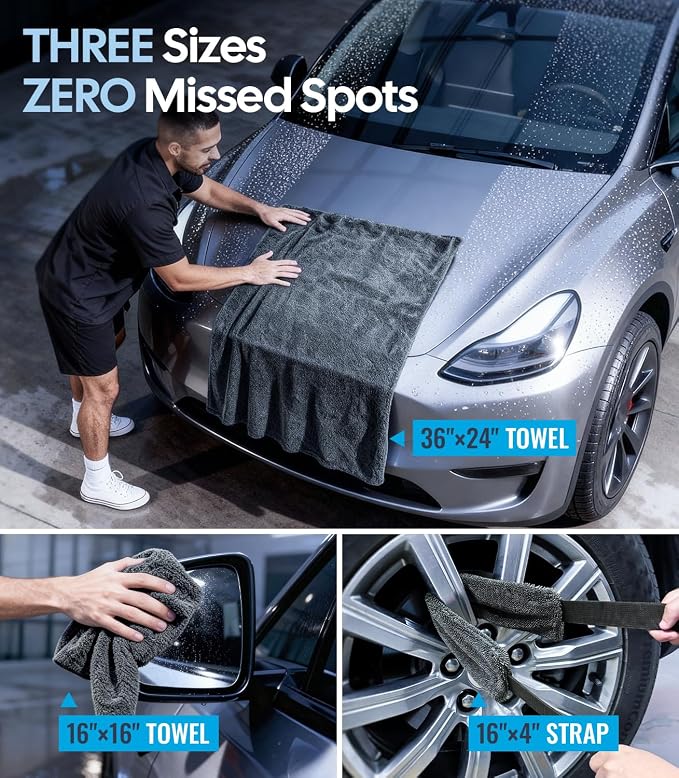 Microfiber Car Drying Towels 36" x 24" [1300GSM Ultra-Absorbent, No Streaks & Scratches] Dual-Sided Edgeless Cleaning Towel with Twisted Loop, for Auto Detailing, Car, SUV, Truck (3-Size Set)
