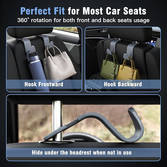 Car Seat Headrest Hook 4 Pack Hanger Universal Vehicle Car Storage Organizer for Handbag Purse Coat S Type Grey