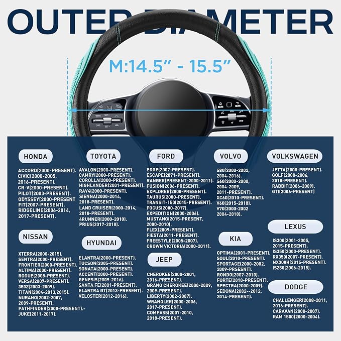 Car Steering Wheel Cover - Microfiber Leather Steering Wheel Wrap Sports 14.5-15 Inch Steering Wheel Cover Non-Slip for Men Women Mint Color