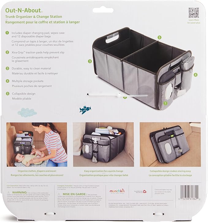 Out-n-About Trunk Organizer for SUVs and Cars with Portable Changing Pad and Wet Baby Wipes for Diaper Changes On-the-Go, Collapsible, Grey