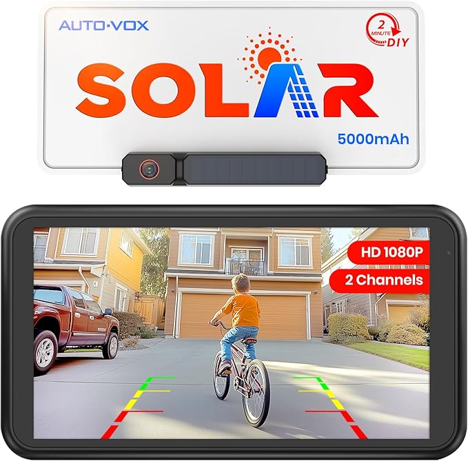 Solar Wireless Backup Camera with 5" 1080P Monitor: 5000mAh Battery 2 Mins DIY Installation & 2 Split Screen Back Up Camera, IP69K Waterproof Reverse Camera for Car, Van, SUV, Truck, Trailer