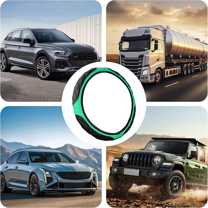 15 Inch Car Leather Steering Wheel Cover, Automotive Accessories Elastic Breathable Anti-Slip Soft Wheel Protector Fits Men and Women, Suitable for SUVs, Trucks, Vehicles and RVs (Green)