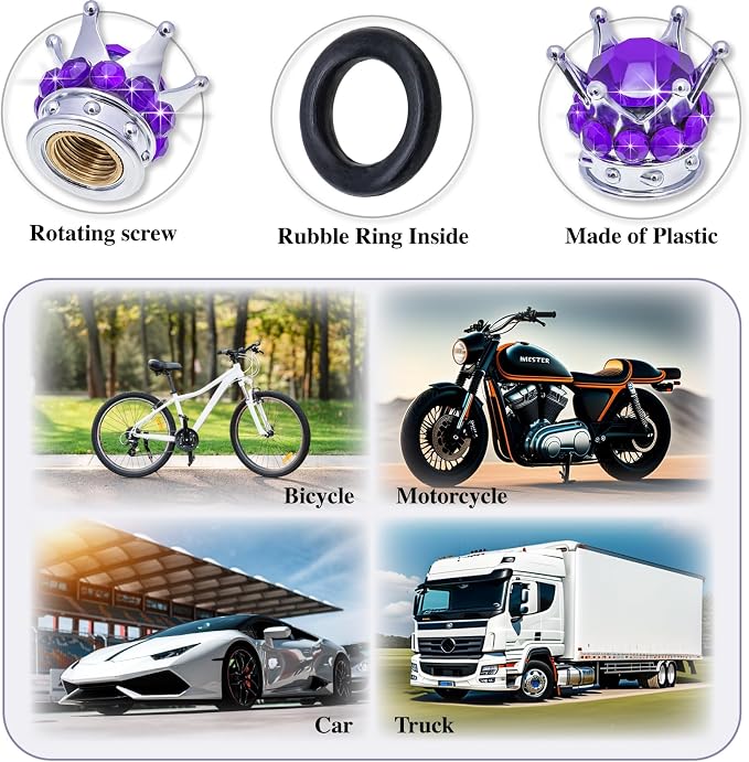 4PCS Crown Bling Tire Stem Valve Caps, Crystal Diamond Car Wheel Tire Valve Caps Universal Copper Core Stem Covers for Cars, SUV, Trucks, Bikes, Motorcycles, Bicycles (Silver & Purple)