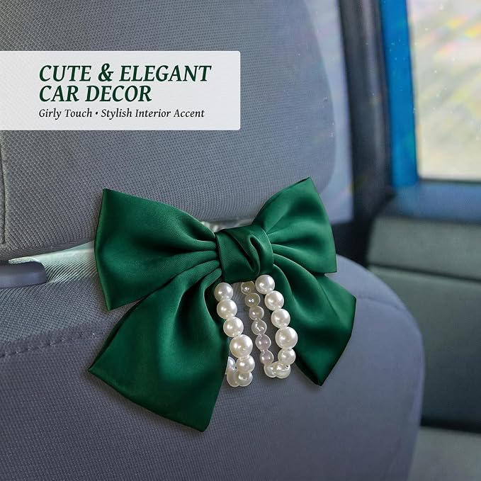2 PCS Bow Pearl Car Seat Headrest Hook – Cute Purse Hook for Car, Girly Interior Decoration Accessories Hook Hanger, Seatback Holder for Purses & Bags, Elegant Car Organizer (Galactic Green)