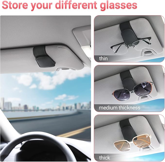 Sunglass Holder for Car Sun Visor, Magnetic Sunglasses Clip, Leather Glasses Eyeglass Holder and Ticket Card Clip, Auto Interior Accessories Universal for Car SUV Truck Pickup -Black