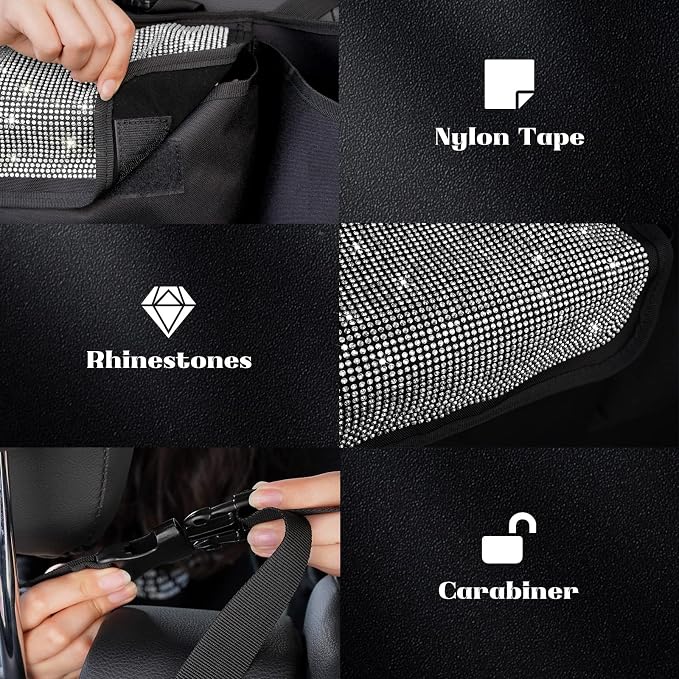 Car Trunk Organizer and Storage, Backseat Hanging Organizer for SUV, Truck, MPV, Waterproof, Collapsible Cargo Storage Bag with 5 Pockets, Bling Car Interior Accessories for Women,White