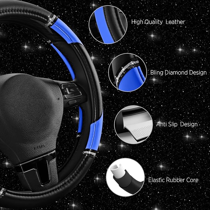 Leather Steering Wheel Cover - Made with PVC Leather - Anti-Slip, Universal Fit 14 1/2 inches to 15 inches - Blue