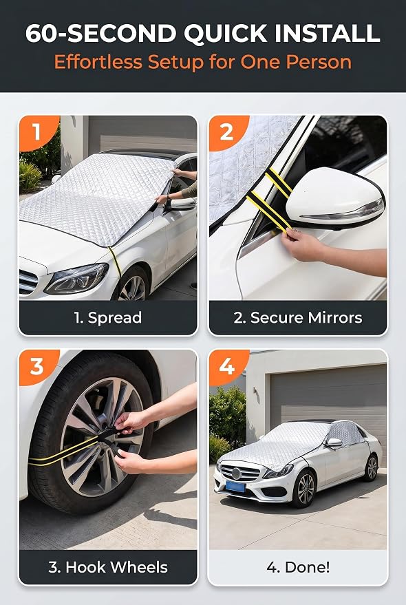 Half Car Cover, Windshield Cover for Ice and Snow, Hail Protector Car Covers, Aluminum Foil Heat Block Sunshade Hood Covers, Universal for Most Cars, SUVs, Trucks (Silver)
