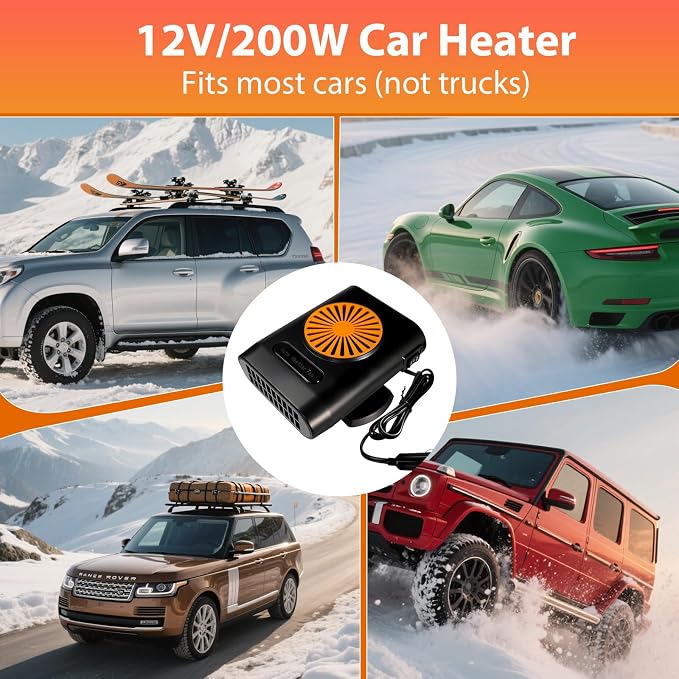 Car Heater,Portable Car Heater & Defroster, Windshield Defogger,12V Car Heater that Plugs into Cigarette Lighter,200W Defroster for Car Windshield (Orange&Black)
