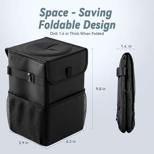 Car Trash Can with Lid, Leakproof Hanging Organizer for Car Back Seat | Waterproof Lining • Prevents Trash from Falling Out • Side Storage Pockets • Foldable Design • Fits Cars, SUVs & Trucks
