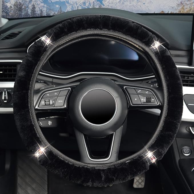 Plush Steering Wheel Cover with Bling Bling Crystal Rhinestone, Universal 15 Inch Softy Fluffy Steering Wheel Cover for Women Girls, Anti-Slip, Winter Warm, Black