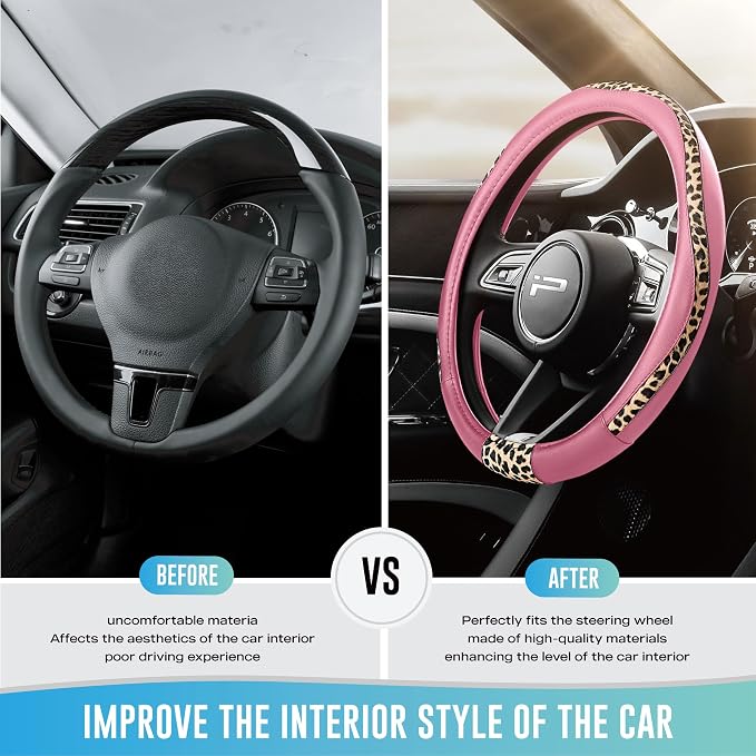 Steering Wheel Cover - Made with PVC Leather and Leopard Fabric - Universal 14 1/2 inches to 15 inches for Most Automotive Steering Wheel - Cheetah Print -Pink