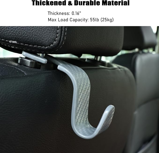 Car Seat Headrest Hook Universal Vehicle Seat Hook Hangers Interior Storage Organizer for Purse Handbag Coats Umbrellas Grocery Bags 4 Pack Grey