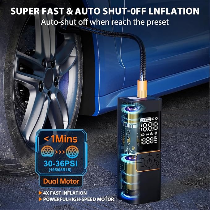 Cordless Tire Inflator Portable Air Compressor with Digital Pressure Gauge, Fast 4X Inflation for Car Truck SUV, Auto Shut Off