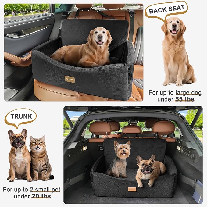 Dog Car Seat for Large Medium Sized Dogs Under 55 lbs, Dog Booster Seat for 2 Small Dogs with Detachable Washable Cover, Memory Foam Pet Car Seat with 2 Safety Belts and Storage Pockets