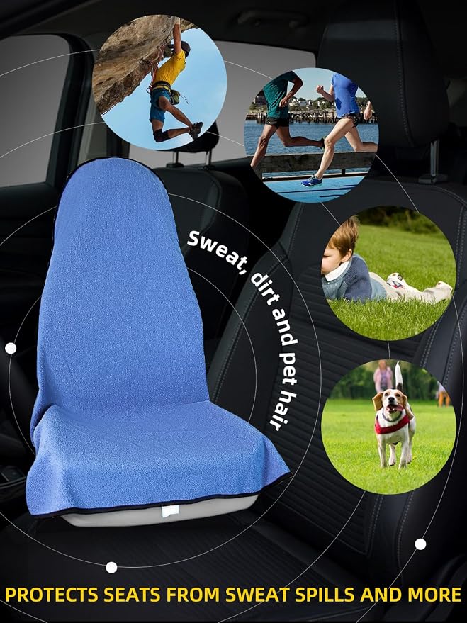 1PC Waterproof Towel Car Seat Cover - 525g Heavy Duty 3-Layer Microfiber Sweat Protector for Bucket Seats - Non-Slip Machine Washable Universal Fit for Gym, Yoga, Beach, Pets & Outdoors-Blue