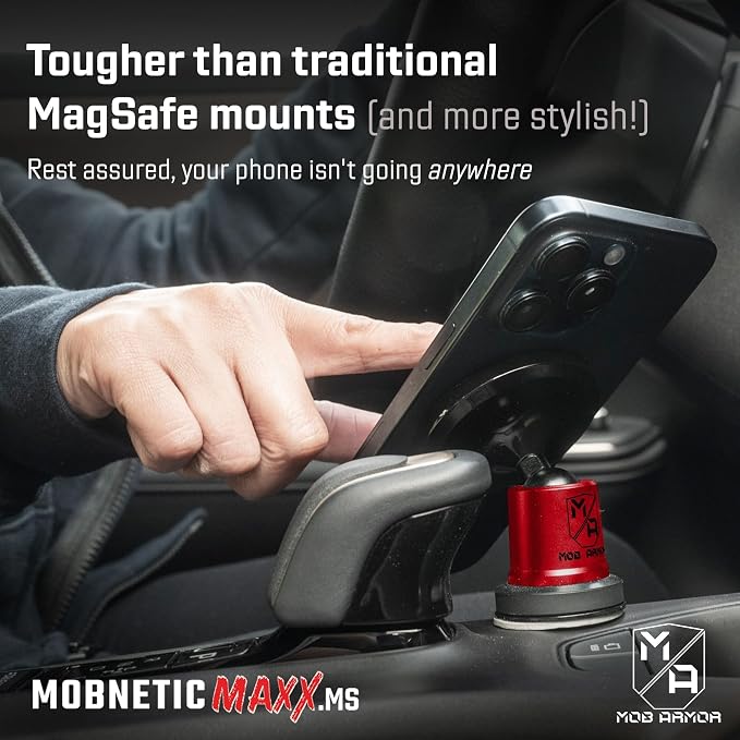 MobNetic Maxx MS - MagSafe Compatible Car Phone Mount w/ 90º Tilt, 360º Rotation & Durable Aluminum Build, Magnetic Holder for iPhone & Android Devices, USA Assembled - Red