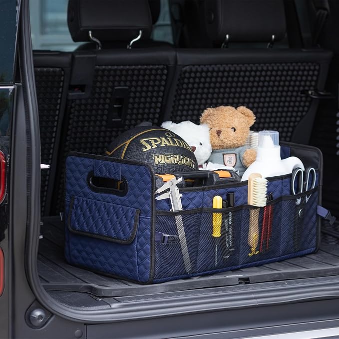 Car Trunk Organizer for SUV, Car Storage Organizer Collapsible Multi Compartment Container Box, Adjustable Car Accessories for Women/Men, Dark Blue