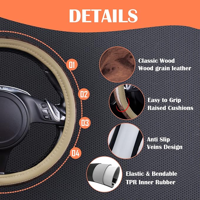 Wood Grain 14.5-15 inch Microfiber Leather Steering Wheel Cover, Anti-Slip Veins Design Steering Wheel Universal Fit for Most Cars, Sedans, SUV， Beige