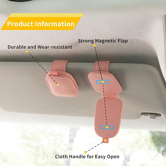Sunglass Holder for Car, Magnetic Leather Sunglasses Holder and Ticket Card Clip, Car Visor Accessories, 2 Packs (Pink)