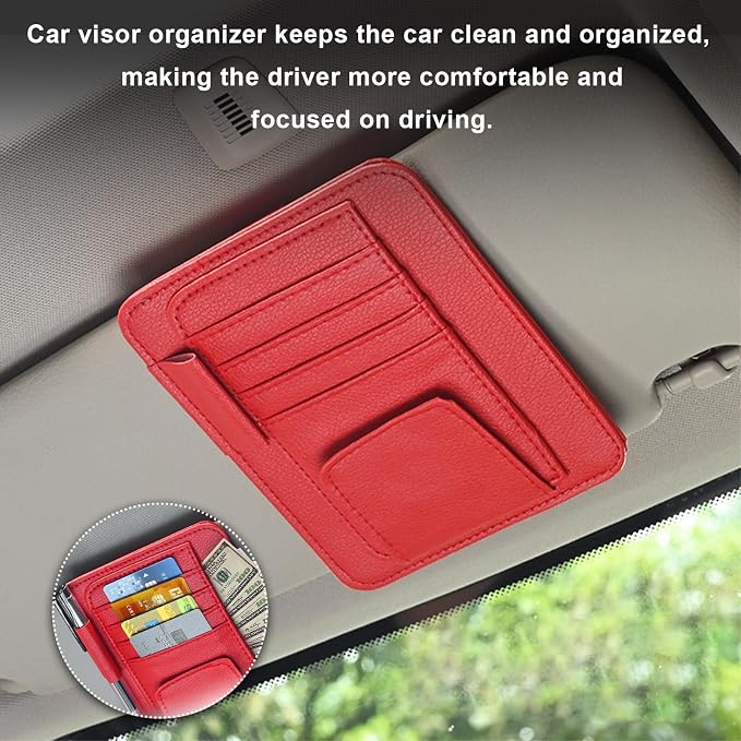 2PCS Small Leather Car Sun Visor Organizer, Multifunctional Auto Visor Document Holder with Sunglasses Clip, Universal Car Interior Organizer for Drving License, Card, Pen (Red)
