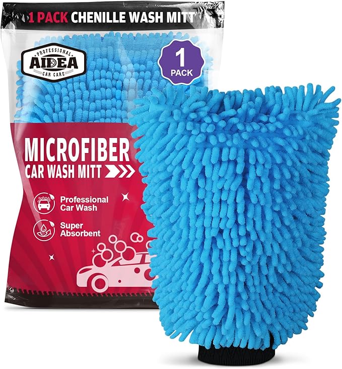 AIDEA Car Wash Mitt Microfiber, 1PK, Car Wash Brush, Blue, 7.12' X10.14'' | Scratch Free Lint-Free Premium Chenille Microfiber Mitt, Cleaning Supplies, Regular Size