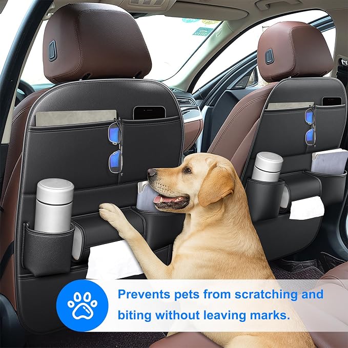 Back Seat Protector 2 Pack Fit for Toyota RAV4 Car Kick Mats with Cup & Tissue Storage Organizer Pockets Waterproof Dirt Proof Faux Leather Auto Accessories for Kids(1 Pair Black)
