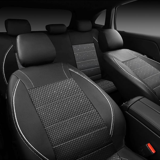 Piping PU Leather Car Seat Cover Full Set, Inside Zipper Design and Reserved Opening Holes, Airbag Compatible,Universal FIT for Car, SUVs,Van,Trucks（Full Set, Black & Silver
