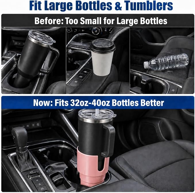 Car Cup Holder Expander for Large Bottles, Fits 32 oz to 40 oz Water Bottles and Handle Mugs, Secure Base for Most Vehicle Cup Holders, Durable ABS, Easy to Install, Durable ABS (Pink)