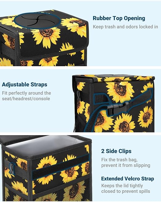 Car Trash Can with Lid, Leakproof Car Trash Bag Hanging Waterproof Automotive Garbage Can with Storage Pockets Mini Vehicle Trash Bin for Back/Front Seat(Sunflower,2.5 Gallon)