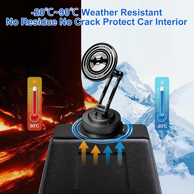 PIEPIE All-Metal Alloy Long Arm Magnetic Suction Cup Car Phone Mount(Black) | Strong Powerful Magnetic Heavy-Duty Windshield Dash 360° Mechanical Rotation Cell Mobile Phone Vehicle Bracket for All Cars