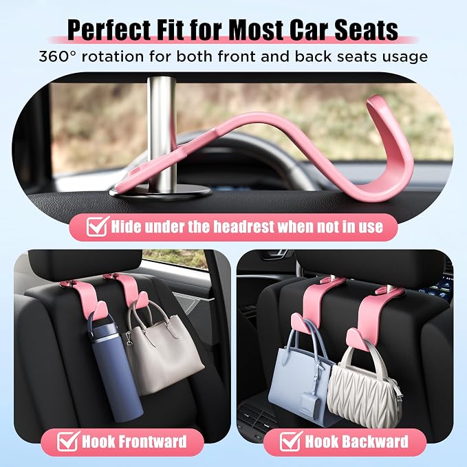 Car Seat Headrest Hook 4 Pack Hanger Storage Organizer Universal for Handbag Purse Coat Universal fit Vehicle Car Pink with Clip
